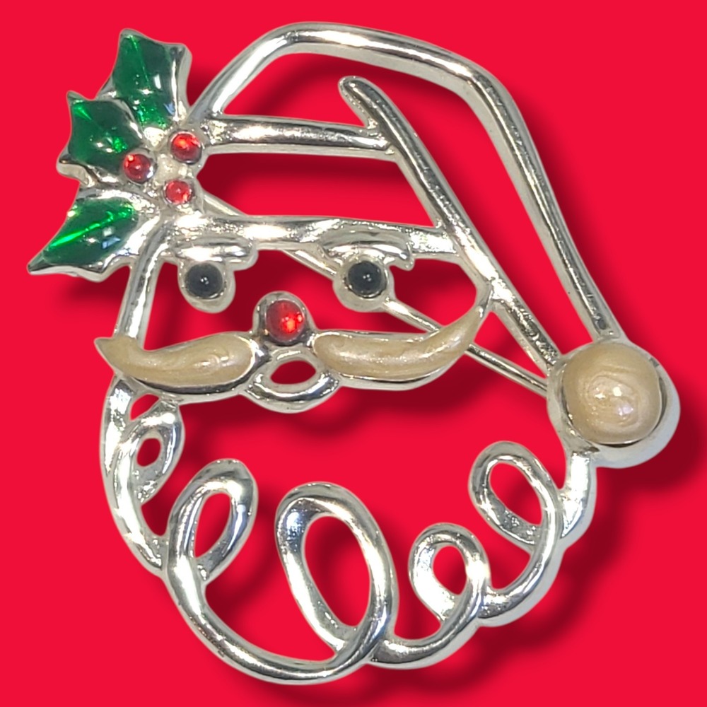 Vintage Santa Face‎ Brooch Christmas Pin Enamel Holly Red Green Holiday Jewelry